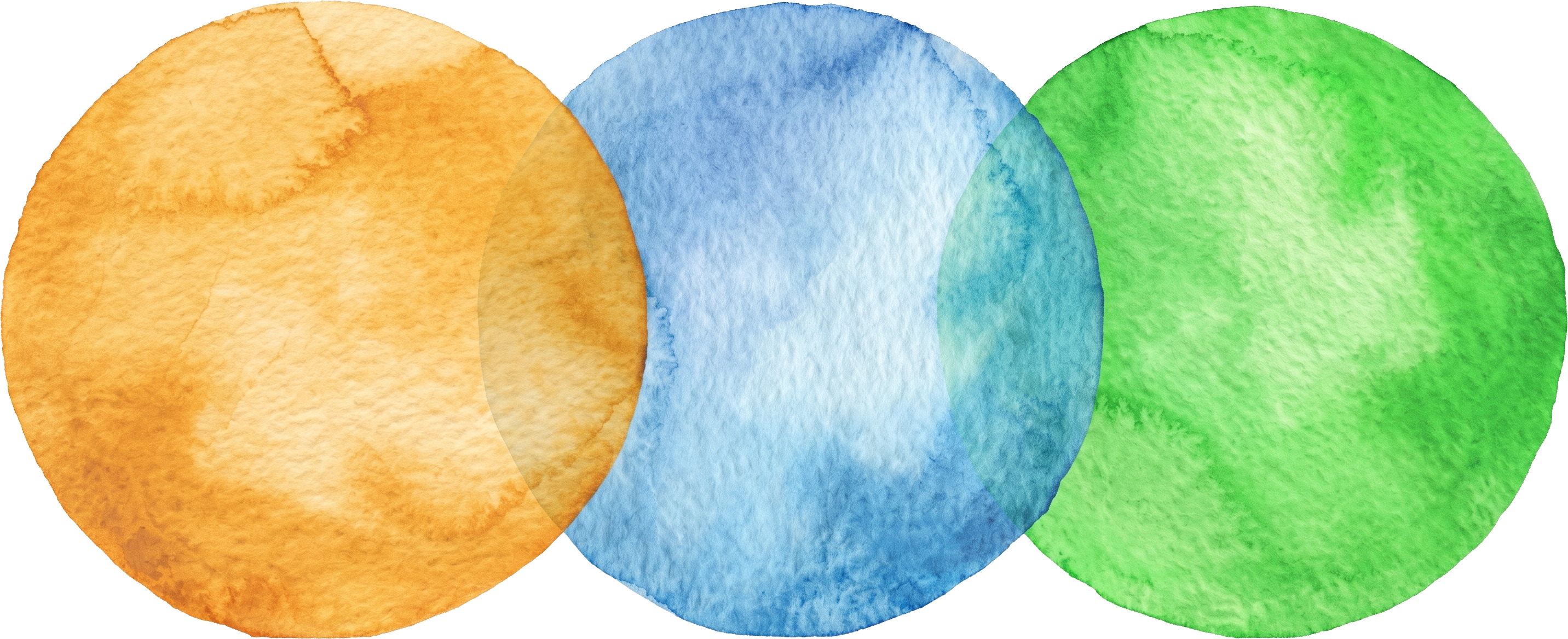 Drei Aquarell-Kreise in Orange, Blau und Grün